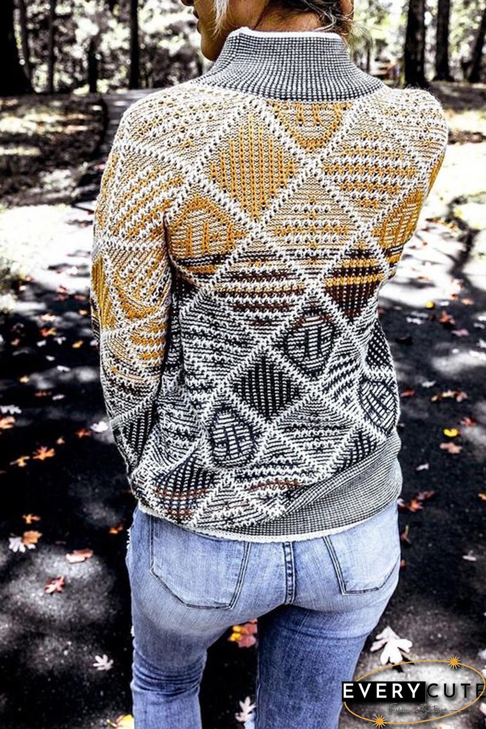 High Neck Geometric Colorblock Sweater