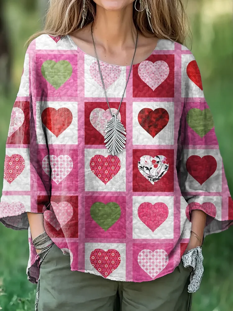 Women's Heart Floral Print Pattern Casual Cotton And Linen Shirt