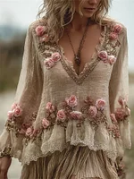 Vintage Pink Roses Glitter Beaded Lace Ruffle Flowy Tunic