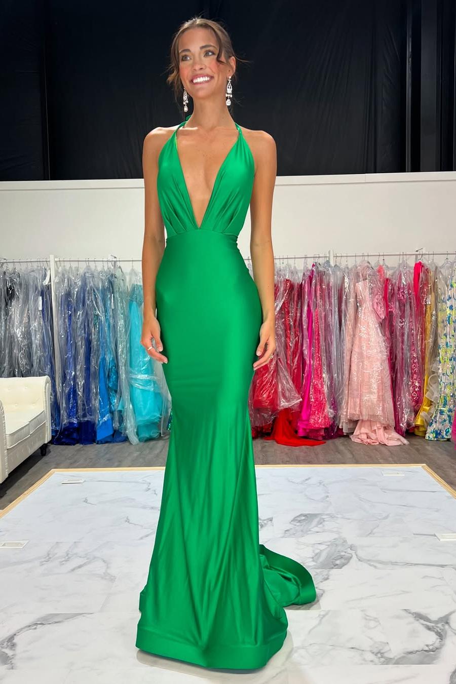 Lvs&Broner Halter V Neck Sleeveless Backless Mermaid Long Prom Dress With Pleated