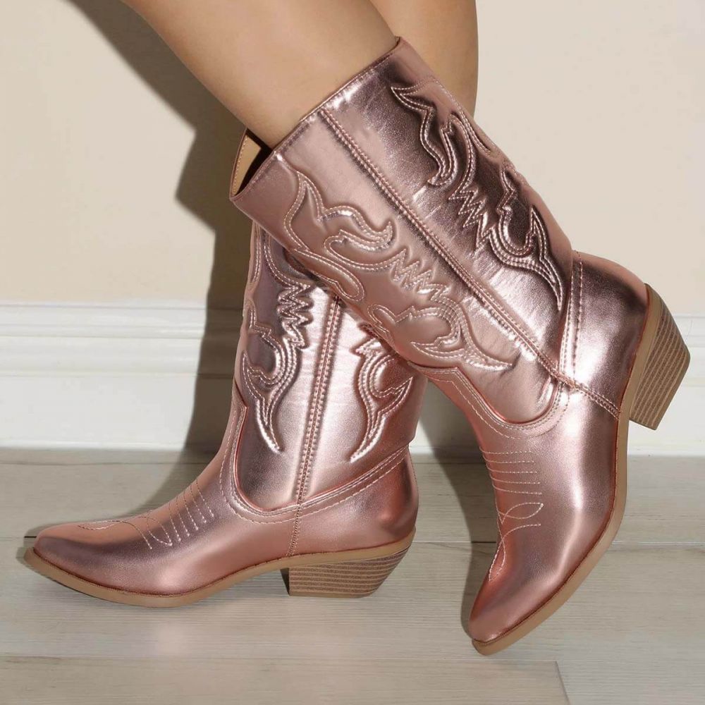 Pink Metallic Finish Chunky Heel Stitching Mid-Calf Cowgirl Boots Nicepairs