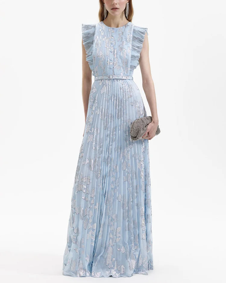 Blue Metallic Chiffon Maxi Dress