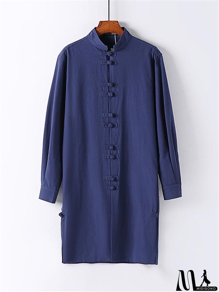 MidiSono - Mens Vintage Stand Collar Solid Color Cotton&Linen Robes
