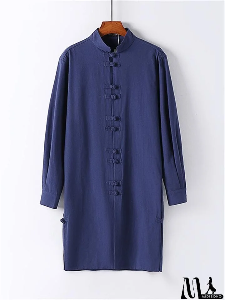 MidiSono - Mens Vintage Stand Collar Solid Color Cotton&Linen Robes