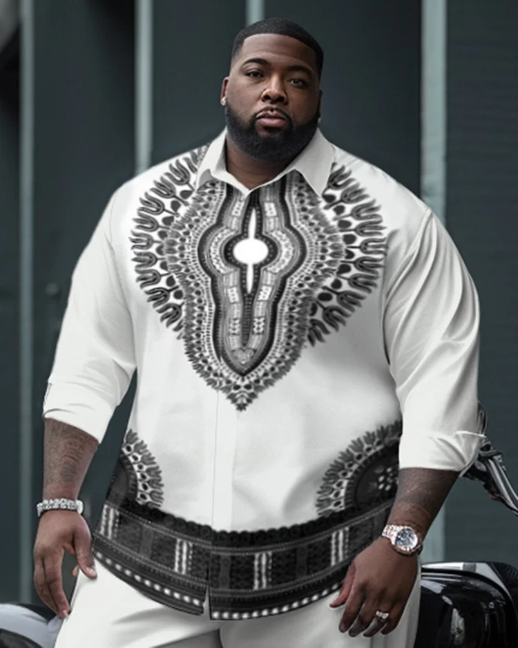 Men's Plus Size Ethnic Black and White Pattern Long Sleeve Shirt Two-Piece Set