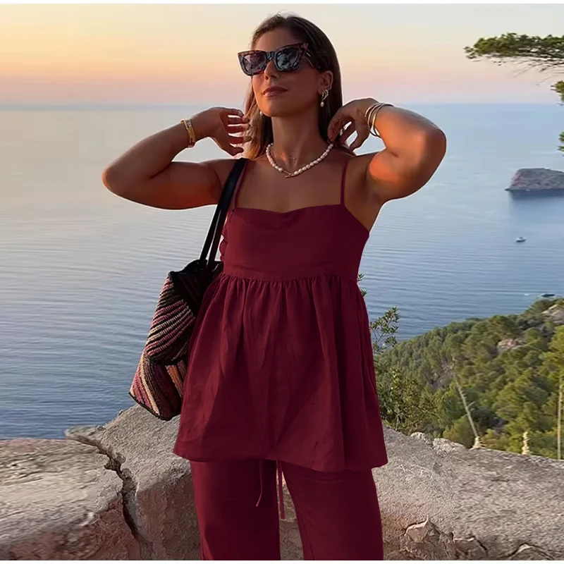 Women Elegant Sleeveless Backless Loose Strap Vest Wide Leg Trousers  Ruffled Hem Tank Top Pants Two Piece Sets Suits