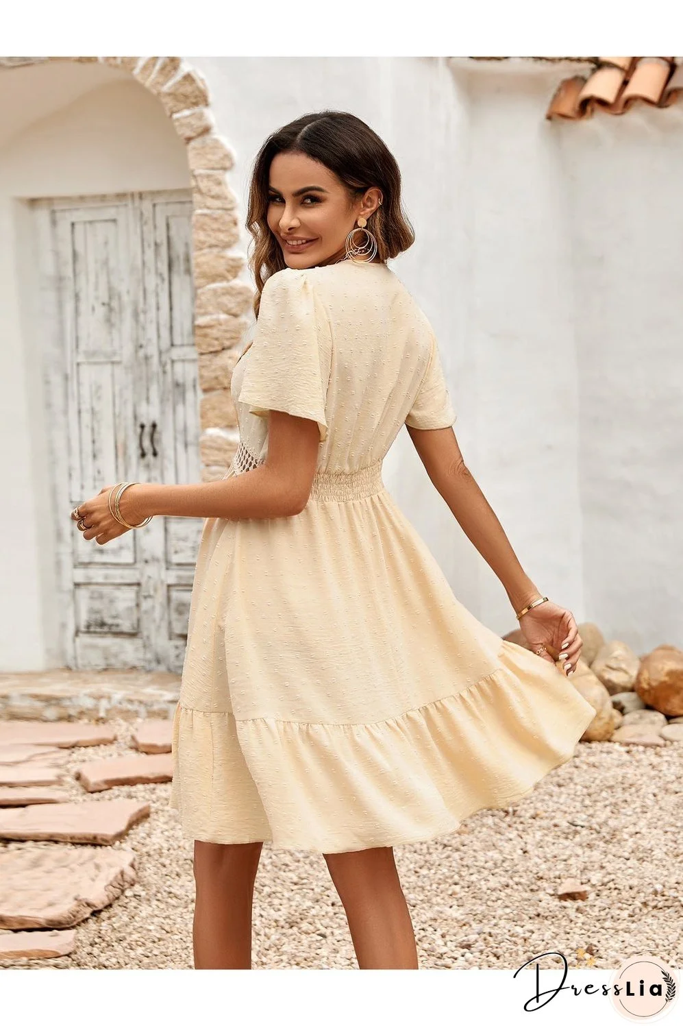 Swiss Dot V-Neck Openwork Puff Sleeve Dress