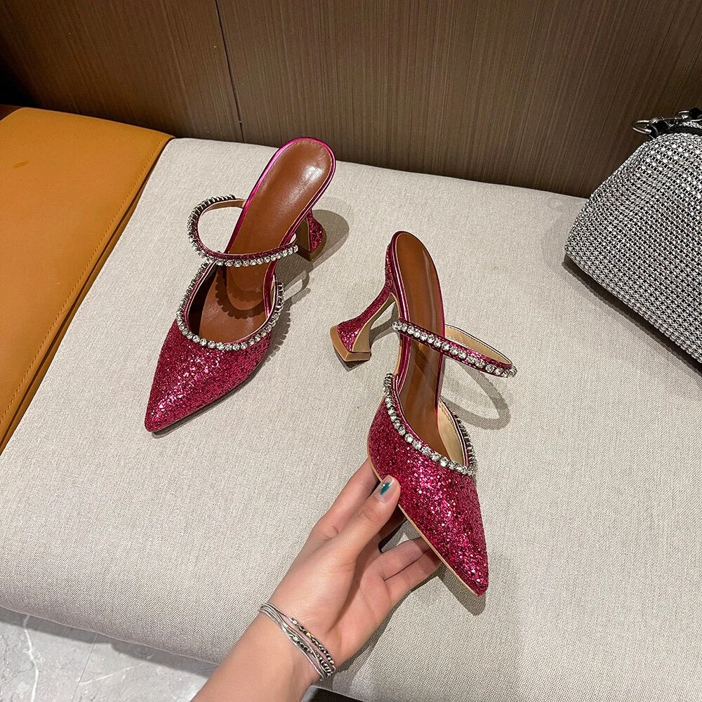 2021 Summer New Pointed Toe Rhinestone Sequined Stiletto Slippers Leopard Print Baotou Half Drag Sandals