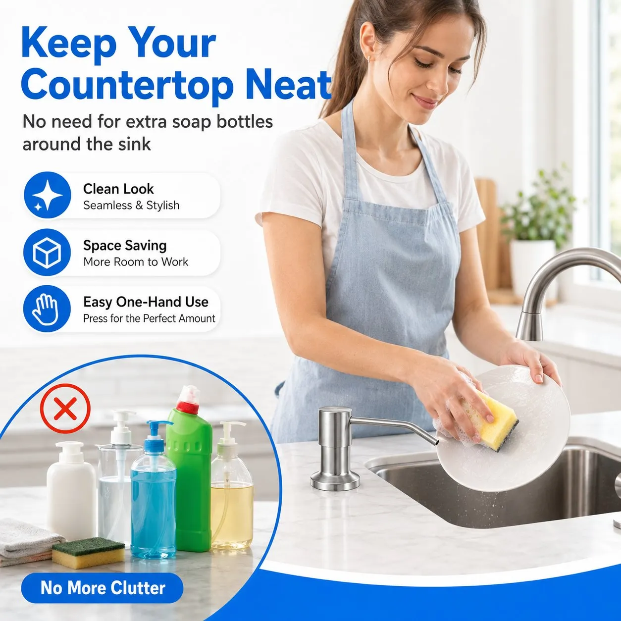 Large under-sink soap bottle connected to a kitchen sink dispenser