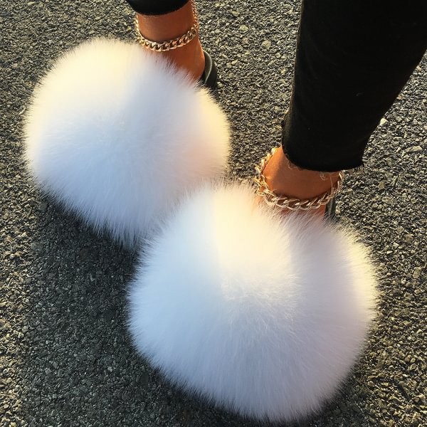Real Fox Raccoon Fur Slippers For Women Fur Slides Flip Flops Summer Beach Plush Fluffy Furry Slippers Sandals - Shop Trendy Women's Fashion | TeeYours
