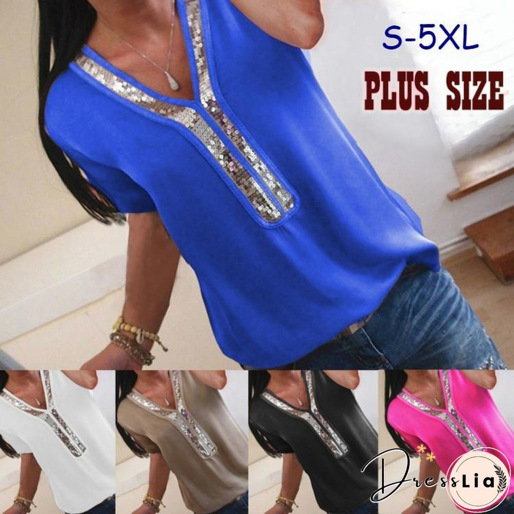 Plus Size  Short Sleeve Solid Color Tops Joint V Neck Blouse