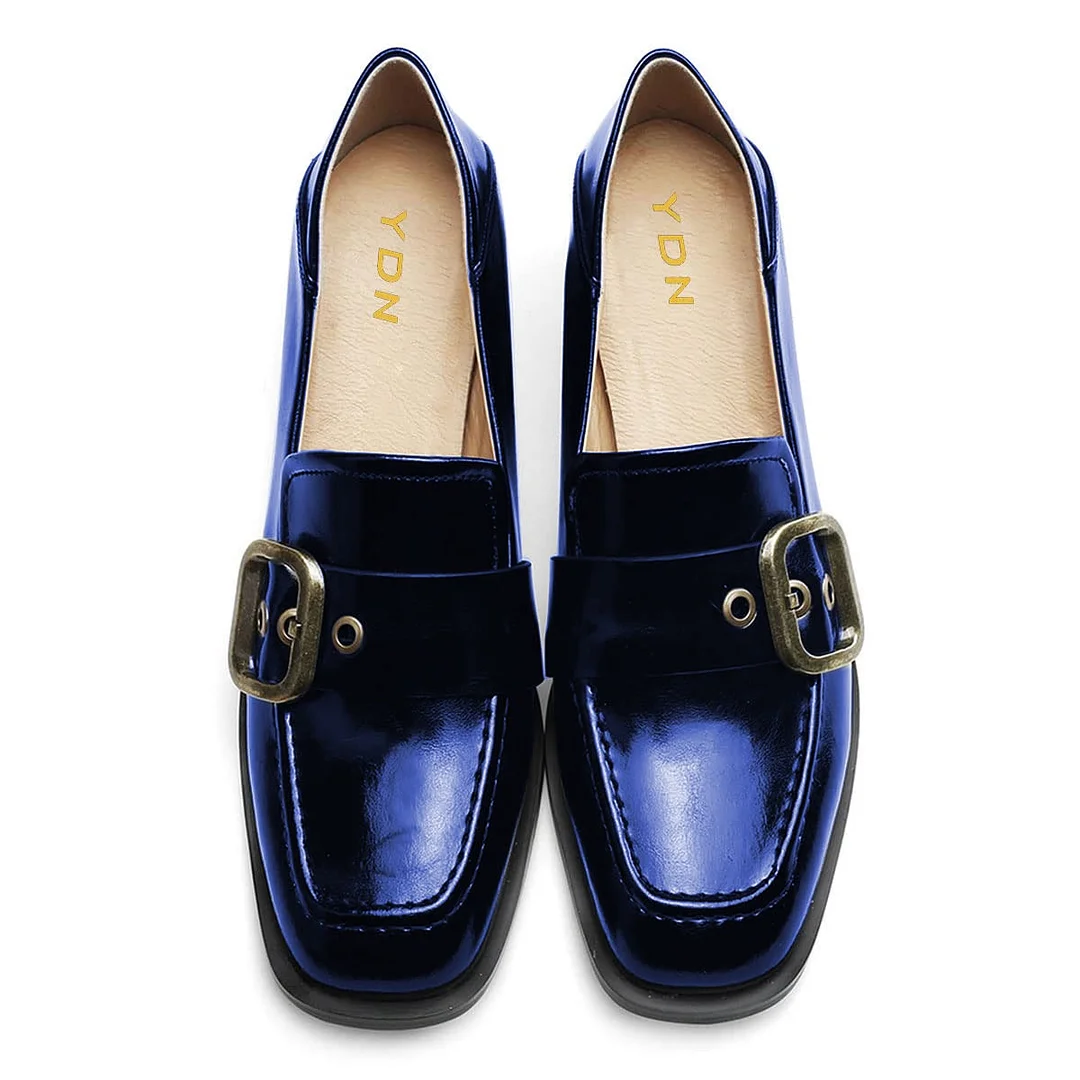 Blue Square Toe Chunky Heel Grommet Loafer Shoes Women with Buckle