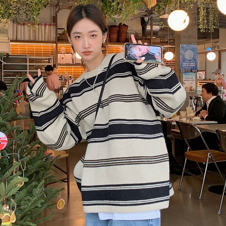 Winter Casual Print Stripe Sweater Women Loose Warm Lady Pullover O Neck Elegant Mujer Knitted Sweater Korean Fashion New