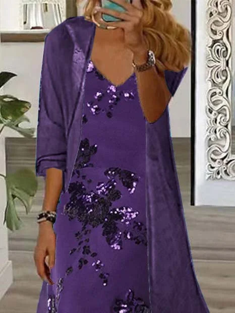 Women Half Sleeve V-neck Solid Color Dress