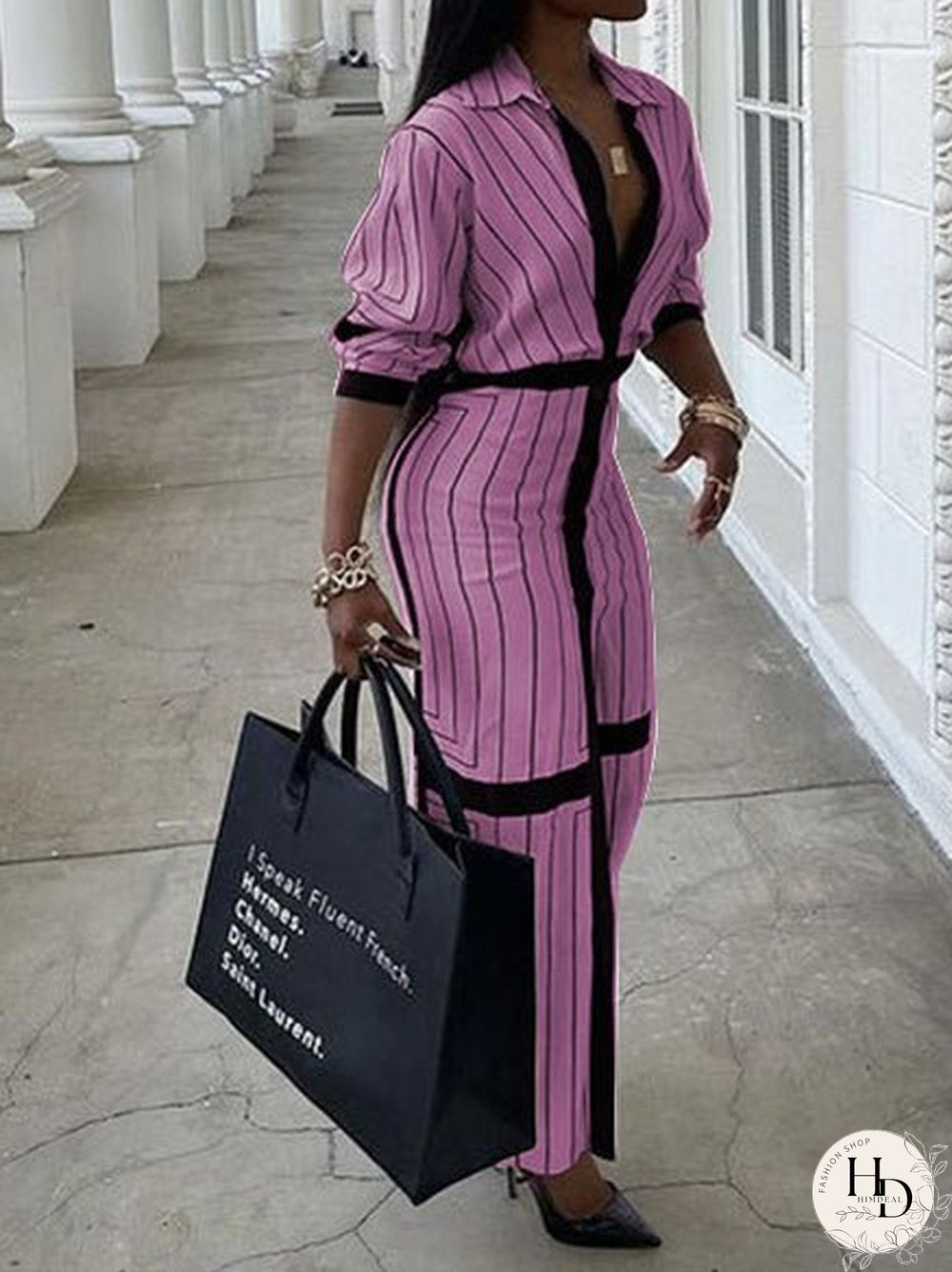 Women'S Dresses Striped Lapel Button Long Sleeve Shirt Dress