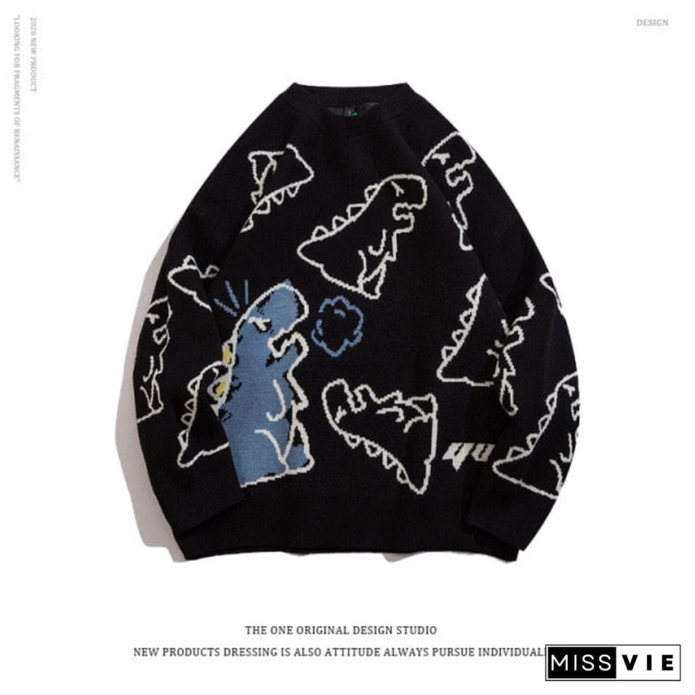 Sweater Men Harajuku Fashion Knitted Hip Hop Streetwear Dinosaur Cartoon Pullover O-neck Oversize Casual Couple Male Sweaters