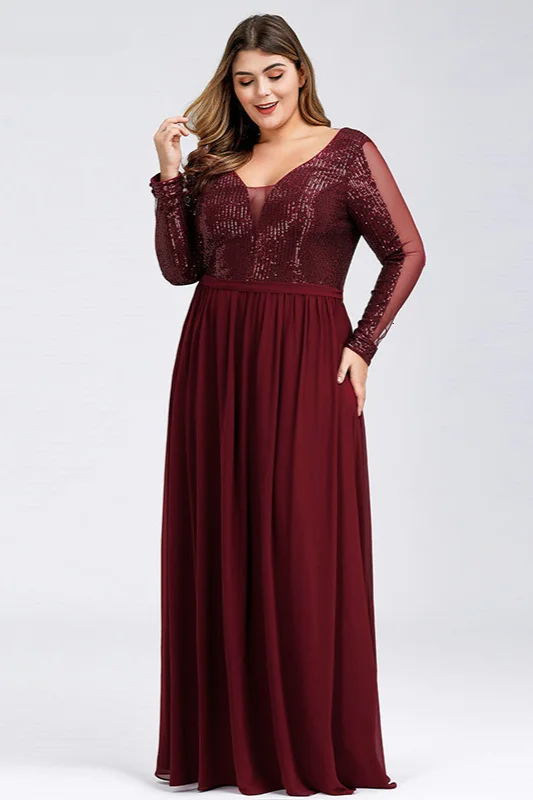 Burgundy Long Sleeve Plus Size Prom Dress Mermaid Sequins Evening Gowns
