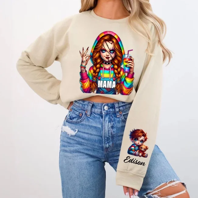 Horror MAMA Sweatshirt with Kid's Names on the Sleeve