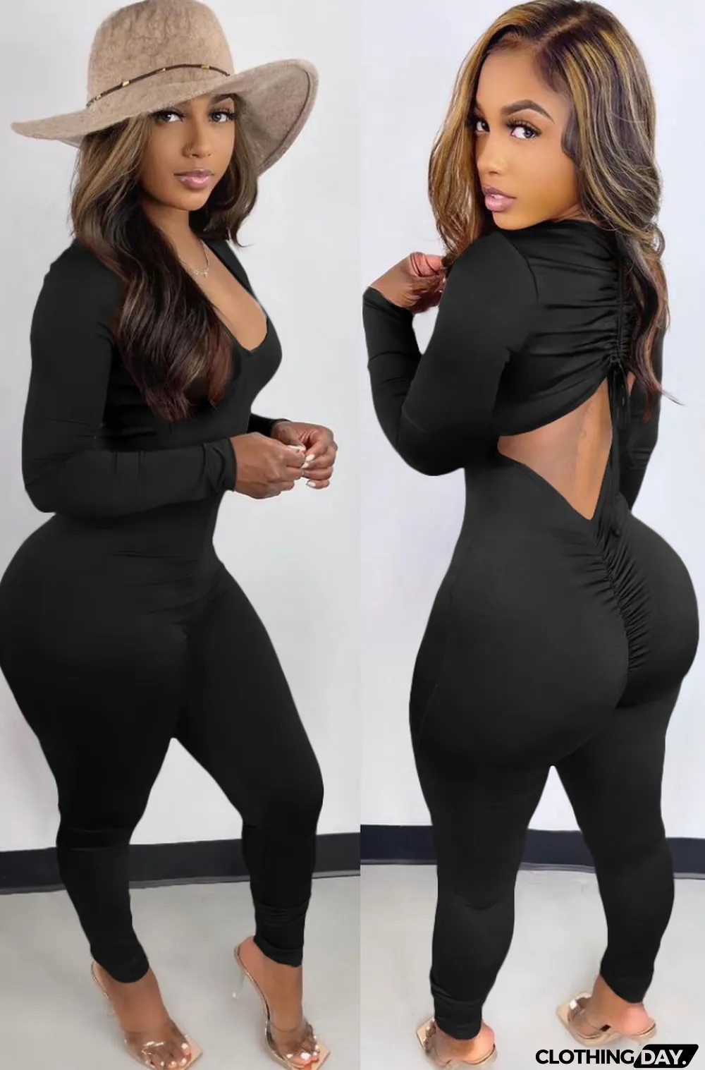 Spring Black Sexy Cut Out Scrunch Long Sleeve Party Jumpsuit