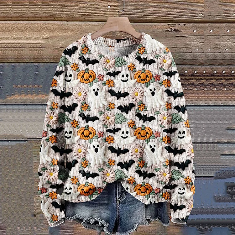 Ghost Flower Pumpkin Autumn Season Halloween Art Print Knit Pullover Sweater