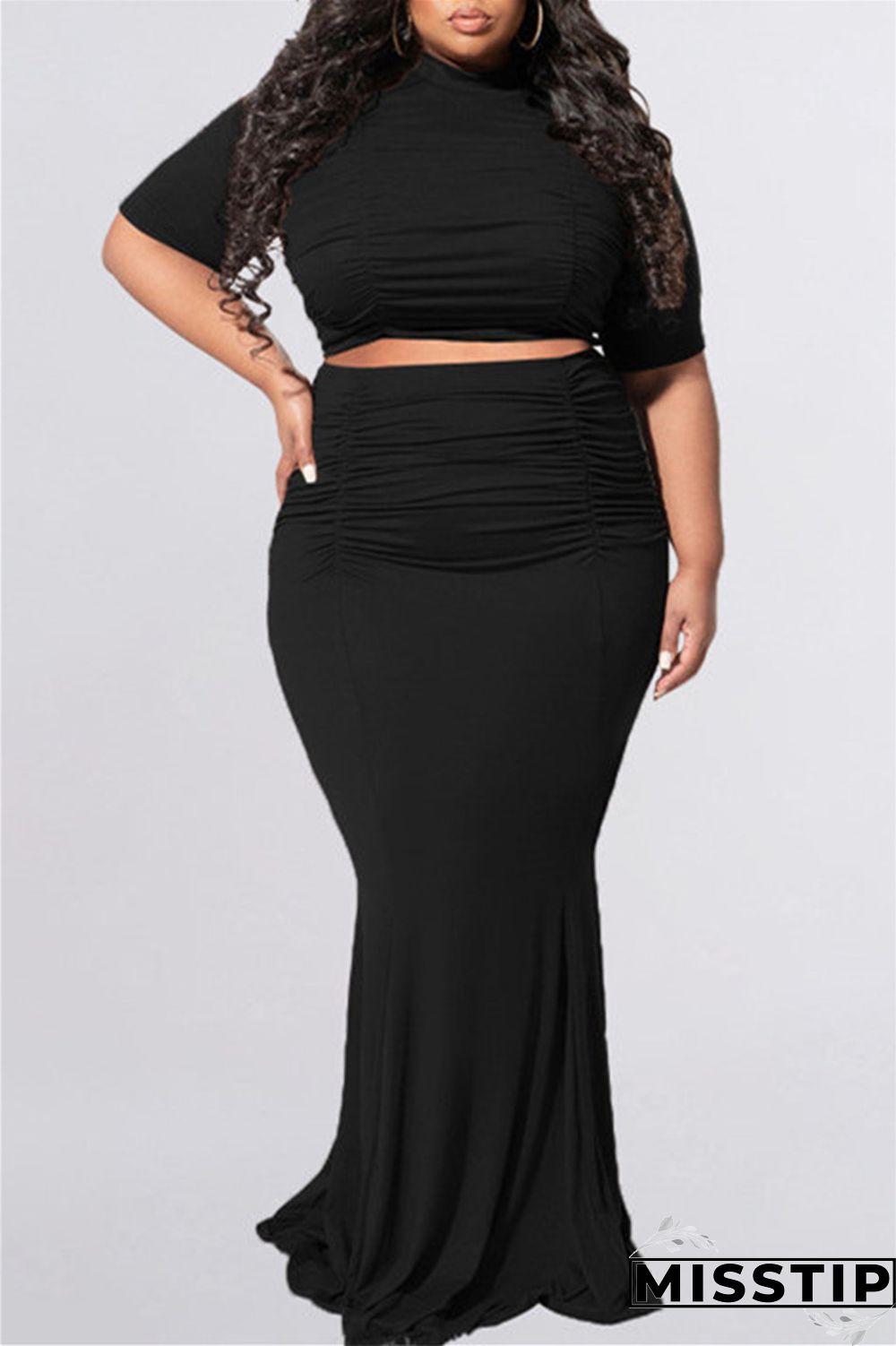 Dark Gray Fashion Casual Solid Fold O Neck Plus Size Two Pieces