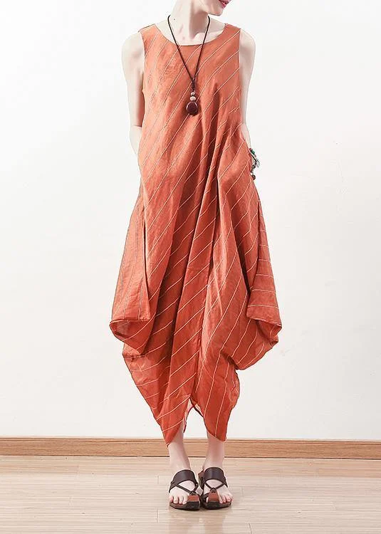 DIY sleeveless linen Long Shirts Inspiration orange o neck Dresses summer