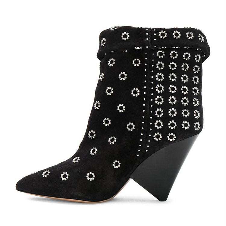 Black Hollow Out Cone Heel Pointy Toe Fashion Boots |FSJ Shoes