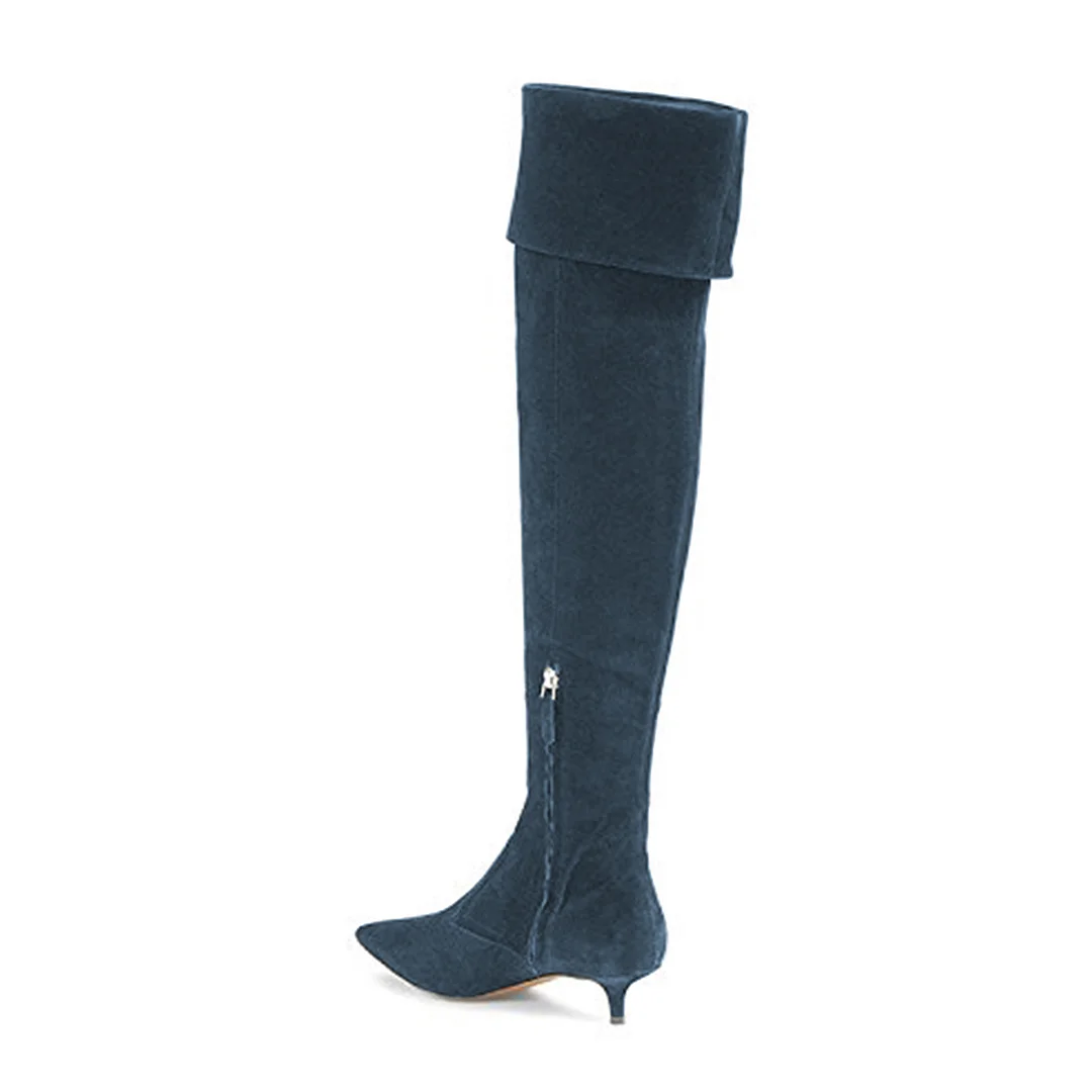 Blue Faux Suede Pointed Toe Over-The-Knee Heel Boots with Kitten Heel