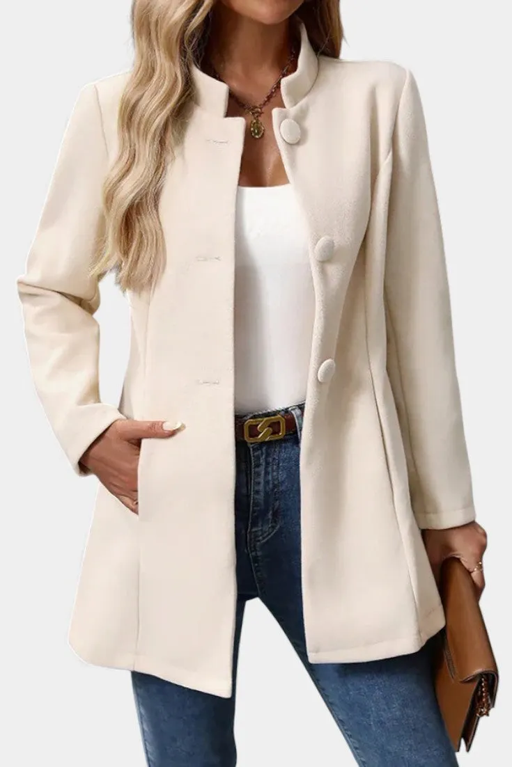 High Neck Long Sleeve Pea Coat with Button Closure