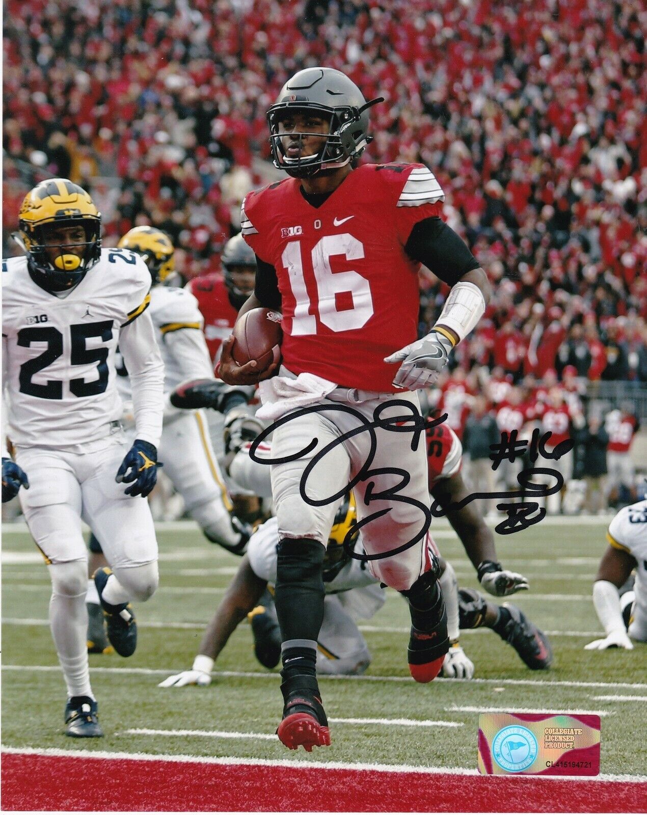 J.T. BARRETT OHIO STATE BUCKEYES ACTION SIGNED 8x10