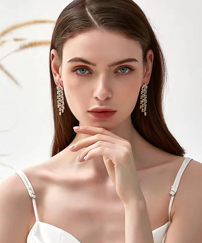 Elegant Gold Sterling Silver Overgild Zircon Tassel Drop Earrings