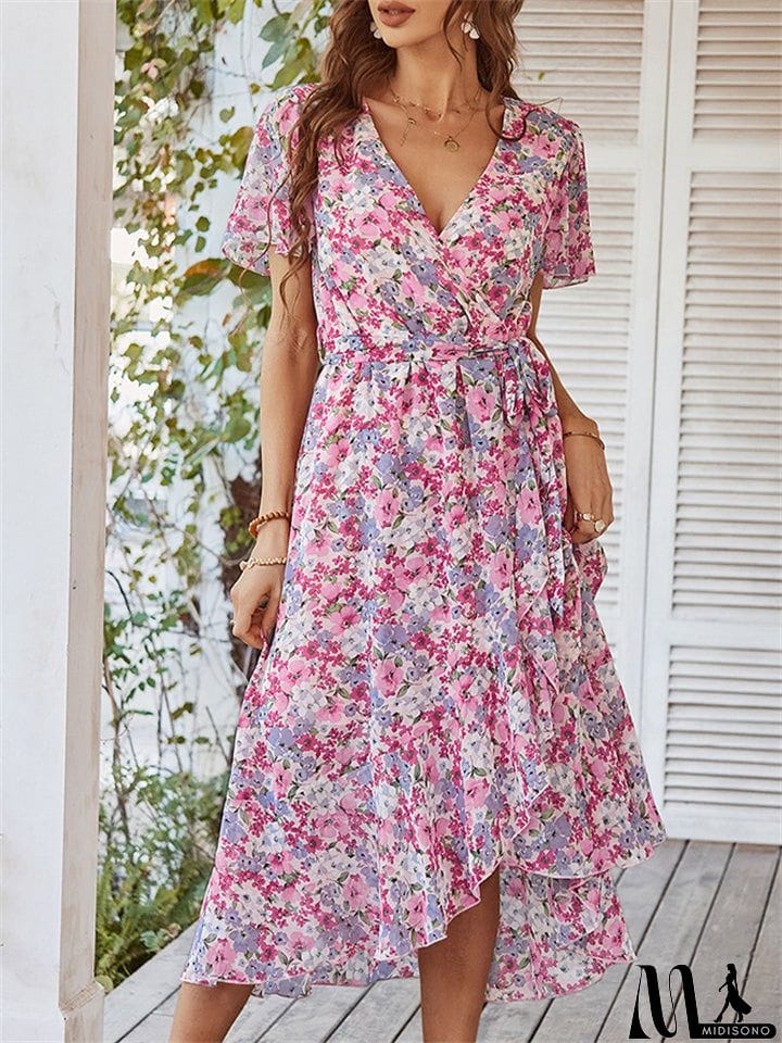 MidiSono - Sexy V-Neck Floral Printed Irregular Hem Dresses