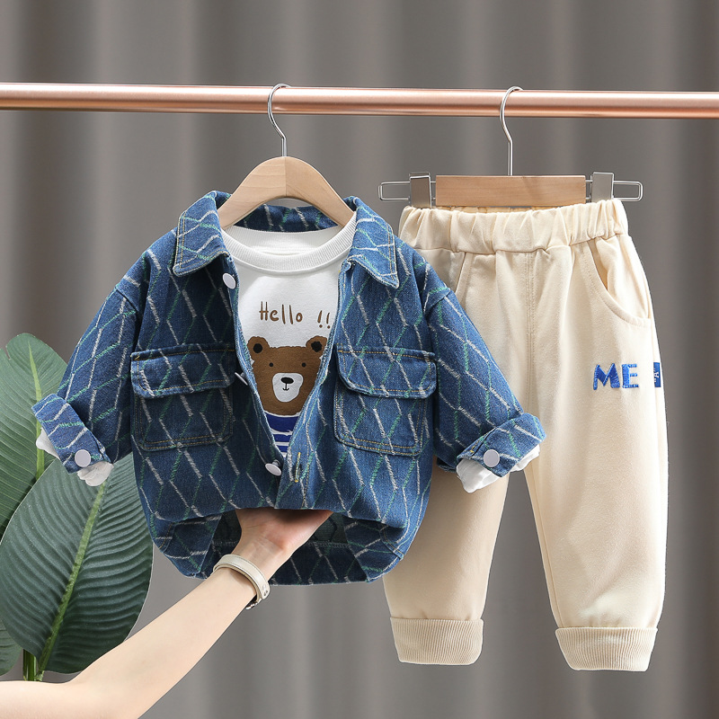 3pcs Baby Boy/Girl Gingham Overcoat & Bear T-shirt & Pants Set