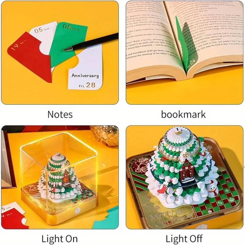 3d desk calendar with led lights festive christmas tree house design 3d paper carving art weekly date display monthly memo pad sticky note holder desktop decoration gift for home office christmas decorations Product details 5