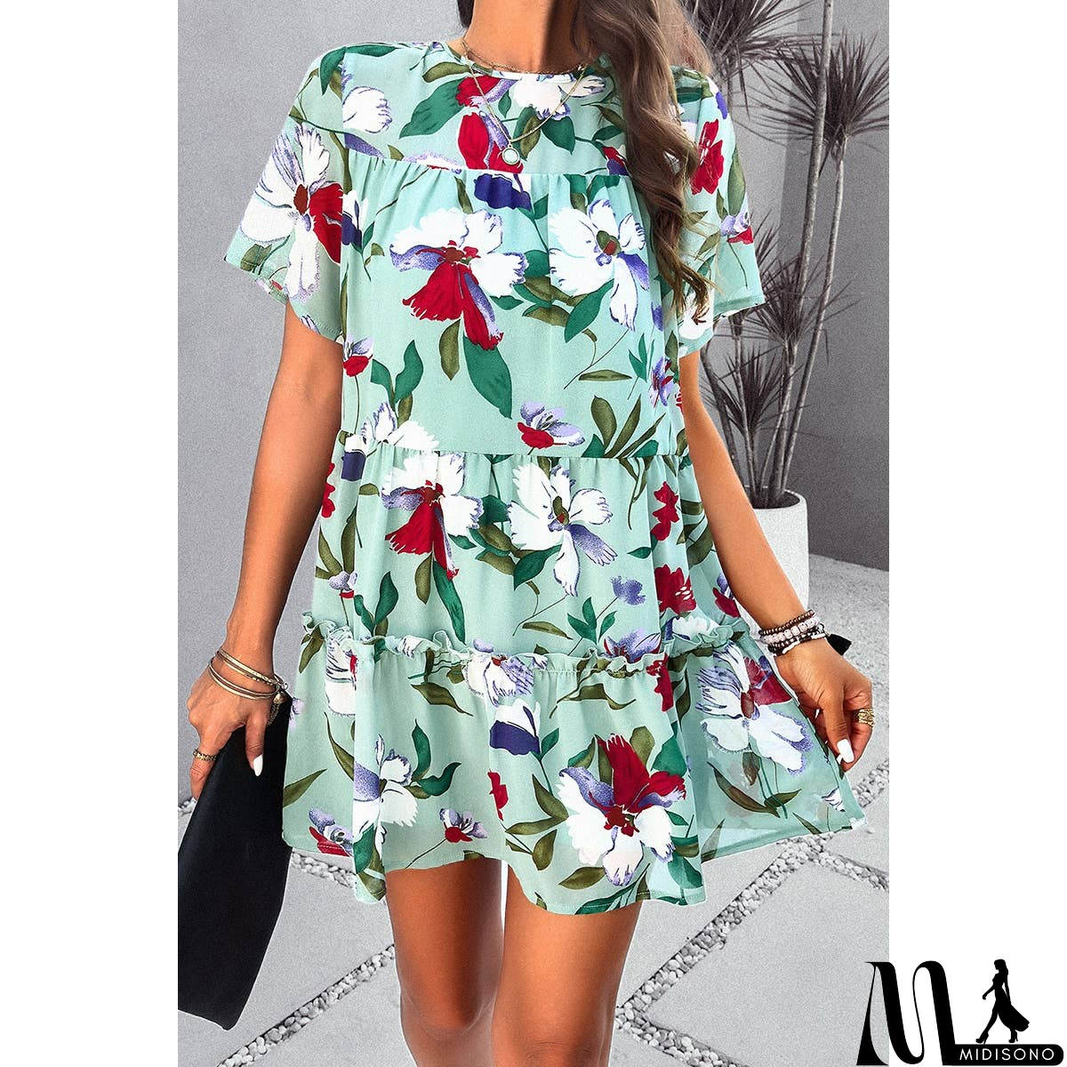 MidiSono - Knot Back Floral Lined Ruffle Loose Dress
