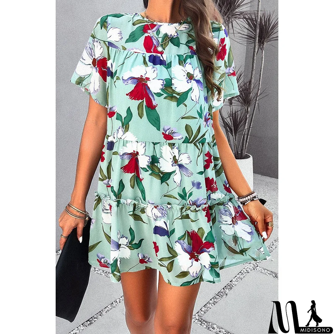 MidiSono - Knot Back Floral Lined Ruffle Loose Dress