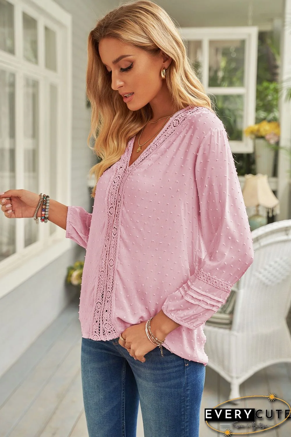 Pink V Neck 3/4 Sleeve Swiss Dot Casual Shirt