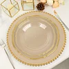 10 Pack | 10" Clear / Gold Scalloped Rim Plastic Dinner Plates, Large Disposable Party Plates