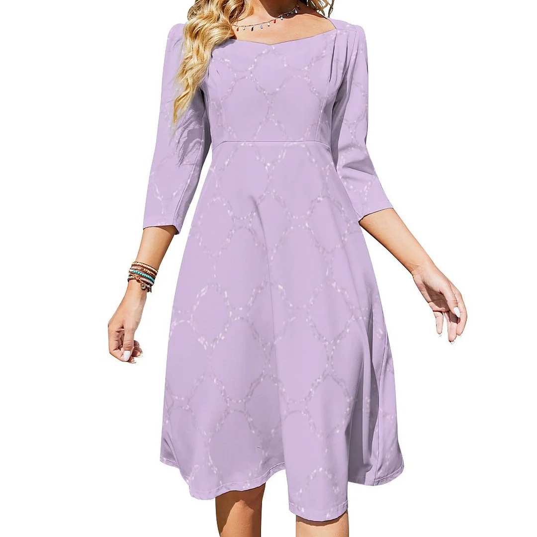 Sparkly Pastel Lilac Dress Sweetheart Tie Back Flared 3/4 Sleeve Midi Dresses