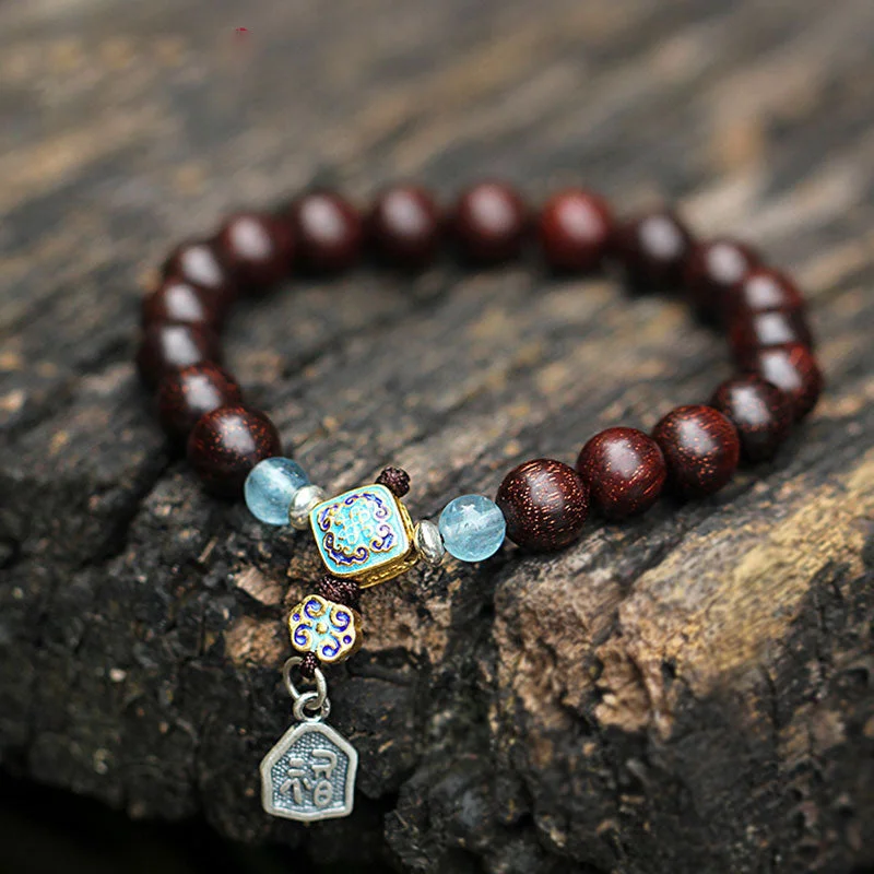 925 Sterling Silver Indian Small Leaf Red Sandalwood Aquamarine Full of Gold Star Chinese Knotting Blessing Bracelet