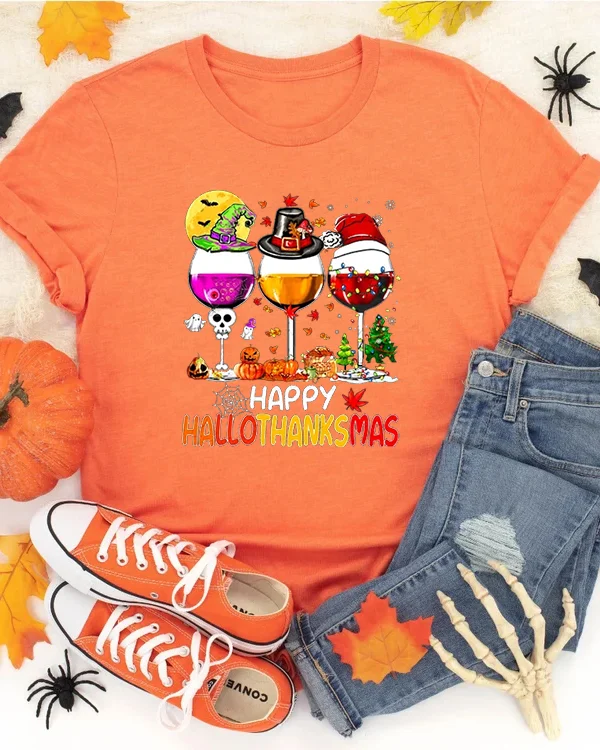 Happy Hallothanksmas Wine Print Crew Neck Short Sleeve T-Shirt