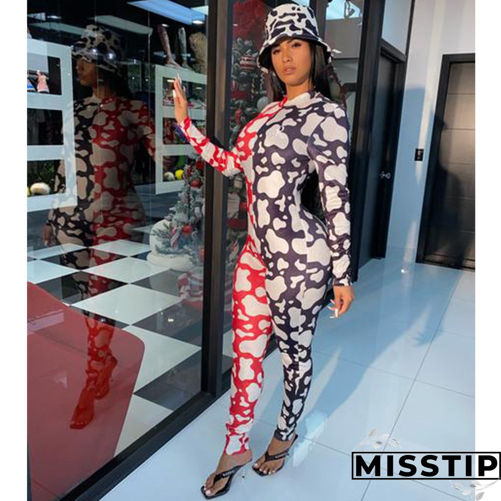 Casual Printed Women Long Sleeves Bodycon Jumpsuit