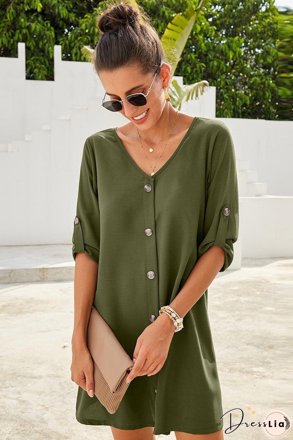 Buttoned V-Neck Dress