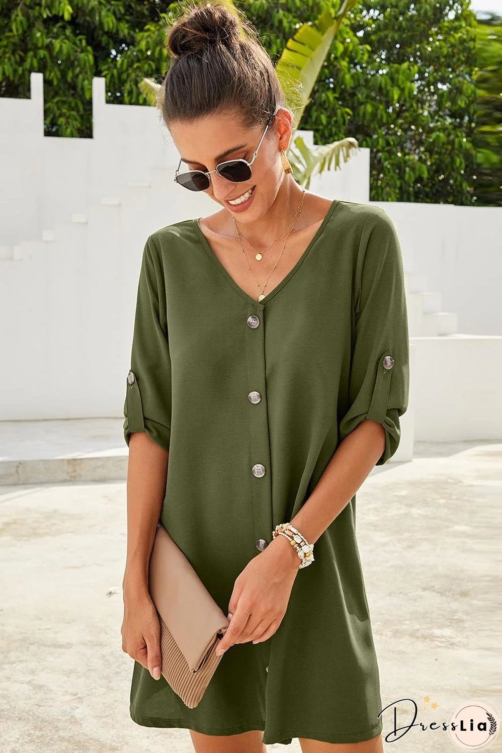 Buttoned V-Neck Dress