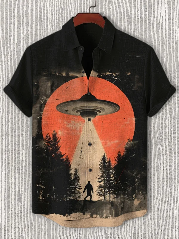 Men's Alien UFO And Bigfoot Art Print Casual Shirt