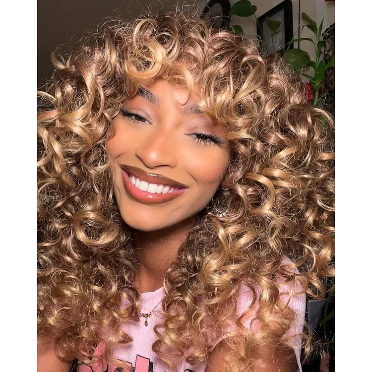 Curly hair with Curly Bangs Glueless Wig 2C 