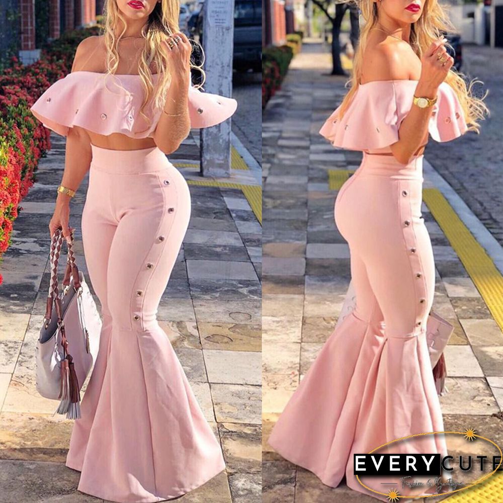 Women Two Piece Outfits Off Shoulder Ruffle Crop TopsAnd Flare Pants 2 Piece Set Summer Club Party Festival Set