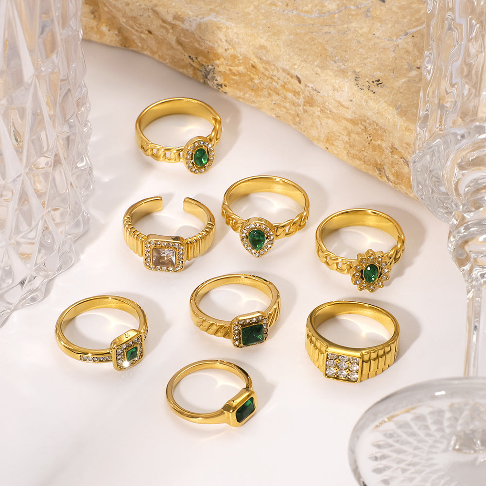 Stainless Steel Ins Style Double-Layer Diamond Square Ring 18K Movable Adjustable Zircon Ring Female