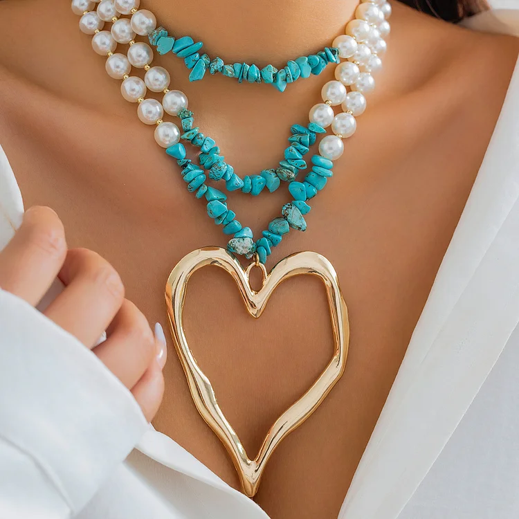 Versatile Stone and Pearl Metal Heart Necklace