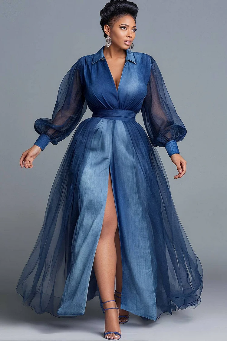 Xpluswear Design Plus Size Business Casual Blue V Neck Lantern Sleeve Long Sleeve Split Casual Contrast Denim Maxi Dresses [Pre-Order]